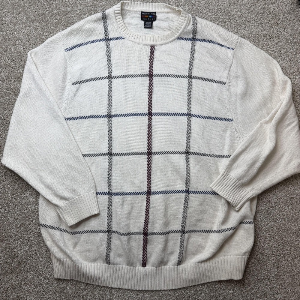 Vintage Alexander Julian Colours Sweater Mens 4XL White Check Knit Crewneck